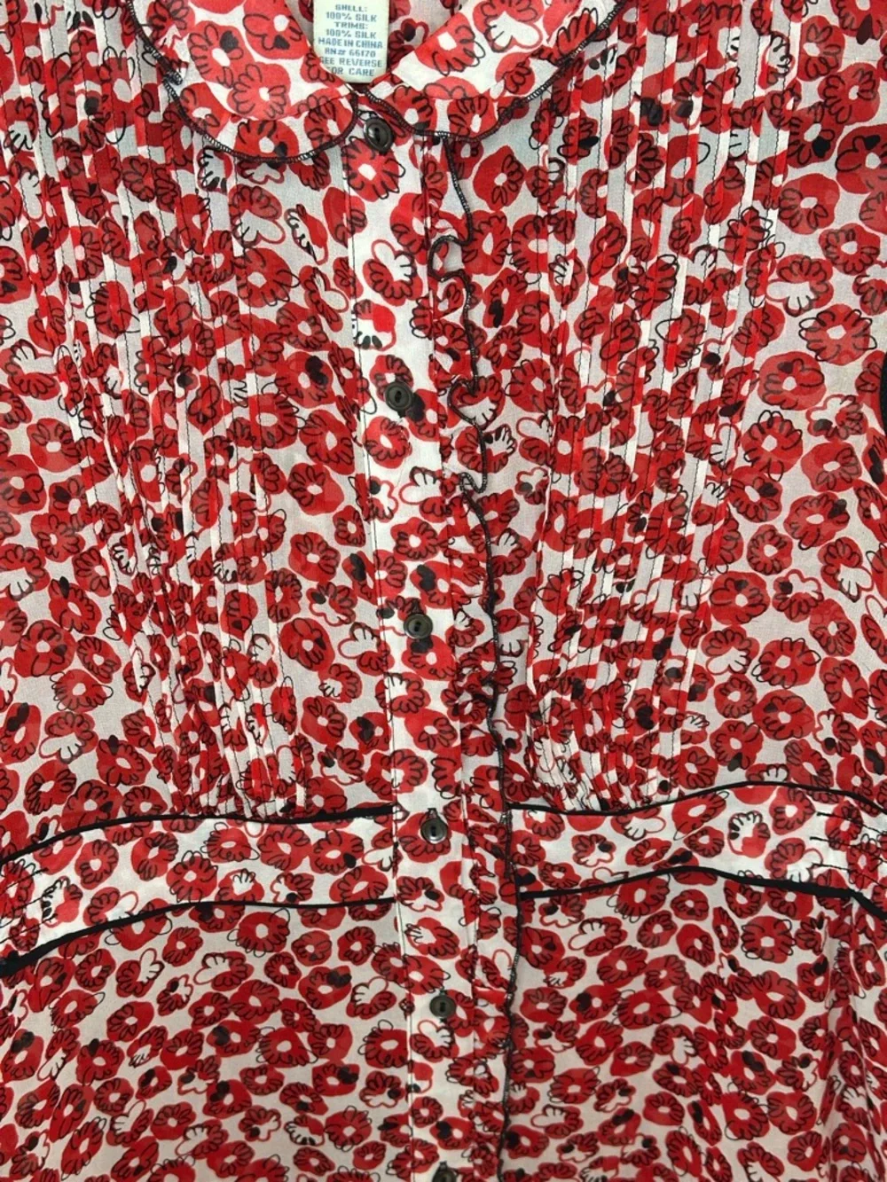 Odille Red Floral Cap Sleeve Blouse with Black Trim, size 4, 100% Silk pre loved - Picture 2 of 10